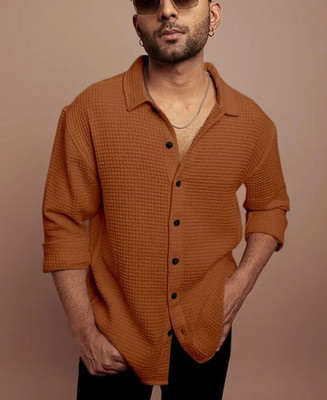 Tyzlo Men Self Design Casual Orange Shirt