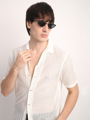 Voroxy Men Self Design Casual White Shirt