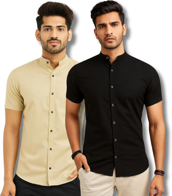 RANGFIT Men Solid Casual Beige, Black Shirt(Pack of 2)