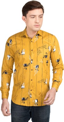 Genius Men Printed Casual Yellow, Dark Blue, White Shirt