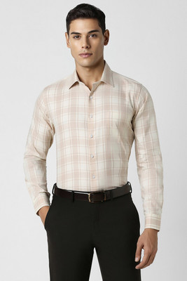 VAN HEUSEN Men Checkered Formal Beige Shirt