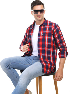 Marc Laurent Men Checkered Casual Dark Blue, Red, White Shirt