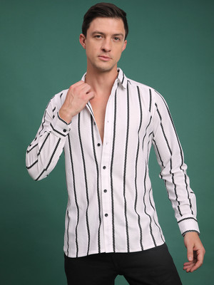 Voroxy Men Striped Casual White, Black Shirt