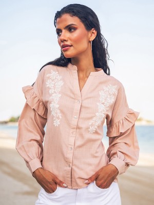 Styli Women Embroidered Casual Pink Shirt