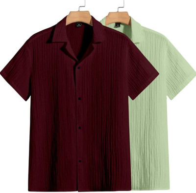 METRONAUT Men Self Design Casual Maroon, Light Green Shirt(Pack of 2)