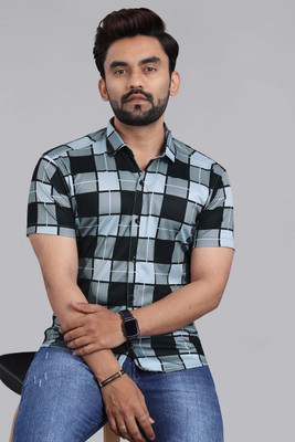 sti Men Checkered Casual Black, Grey, Light Blue Shirt