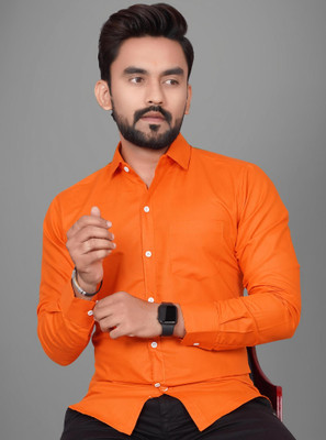 Voroxy Men Solid Casual Orange Shirt