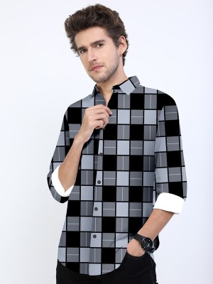 Rainbowfashions Men Checkered Casual Grey Shirt