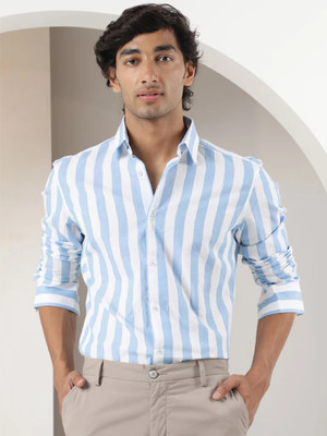 STONEBERG Men Striped Formal Light Blue, White Shirt
