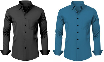 SOLVYN Men Solid Casual Black, Blue Shirt(Pack of 2)