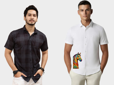 Emporium Men Striped, Solid Casual Black, White Shirt(Pack of 2)