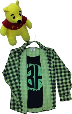 elephenta Boys Checkered Casual Green, Black Shirt