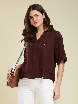 J TURRITOPSIS Women Embroidered Casual Brown Shirt