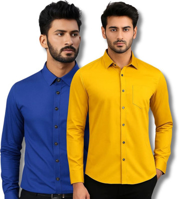 ClothTheory Men Solid Casual Dark Blue, Yellow Shirt(Pack of 2)