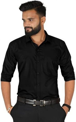 HOC Men Solid, Self Design Casual Black Shirt