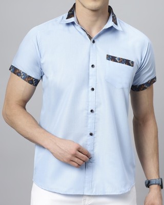 N AND J Men Self Design Casual Light Blue Shirt