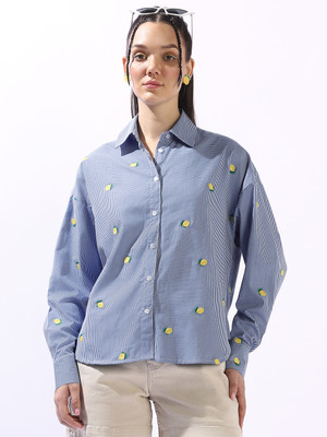 High Star Women Printed Casual Dark Blue Shirt