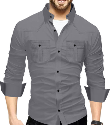 HouseOfCommon Men Solid Casual Grey Shirt