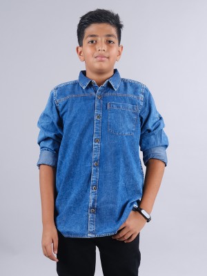 KiddoPanti Boys Washed Casual Blue Shirt