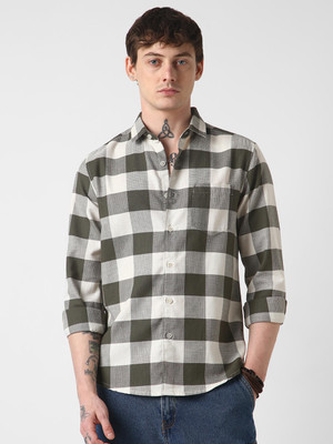 VASTRADO Men Checkered Casual Dark Green Shirt