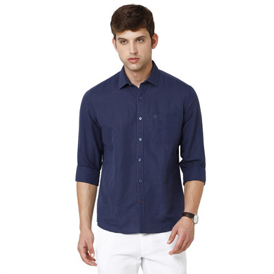 Linen Club Men Solid Casual Blue Shirt