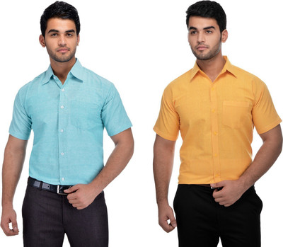 DESHBANDHU KHADI Men Solid Formal Blue, Yellow Shirt(Pack of 2)