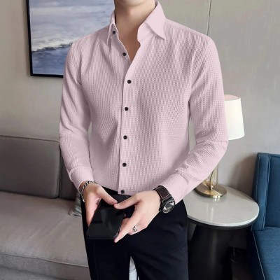 Kesar Collection Men Solid, Striped Party Pink Shirt