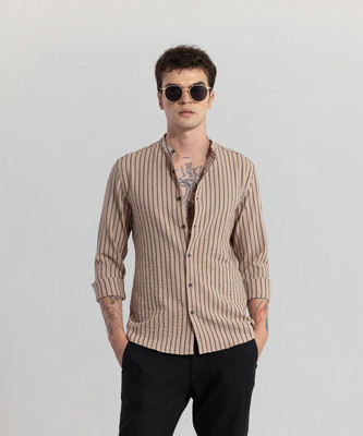 Snitch Men Striped Casual Beige Shirt