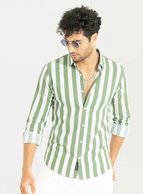 Clothisto Men Striped Casual Light Green Shirt