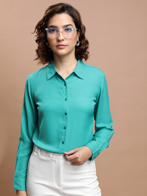 Tokyo Talkies Women Solid Casual Light Blue Shirt