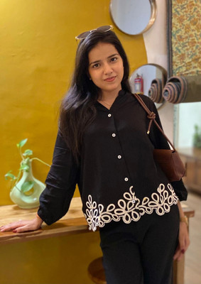 J TURRITOPSIS Women Embroidered Casual Black Shirt