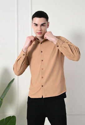 TOLIKE Men Striped Casual Beige Shirt