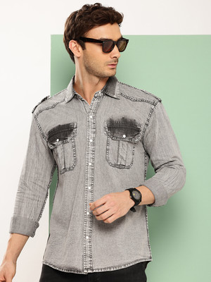 VOXATI Men Solid Casual Grey, White Shirt