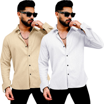 IKON FASHION Men Solid Casual Beige Shirt(Pack of 2)