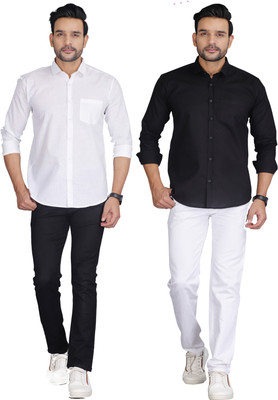 FAVNIC Men Solid Casual White, Black Shirt(Pack of 2)