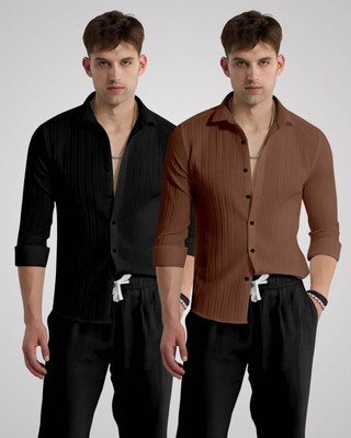 kruze Men Self Design Casual Black, Brown Shirt(Pack of 2)