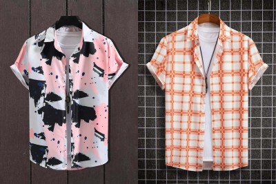 Qlonz Store Men Printed Casual Pink, Orange Shirt(Pack of 2)