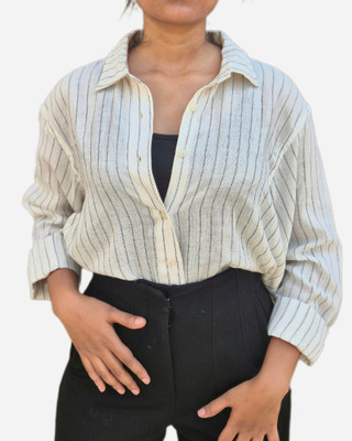 The Saras Store Women Striped Casual White, Black Shirt