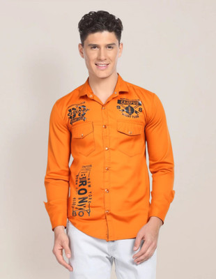 PP PRODUCTIONS Men Printed Casual Orange Shirt