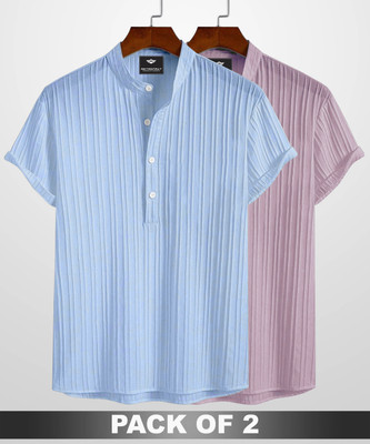 METRONAUT Men Self Design Casual Blue, Pink Shirt(Pack of 2)