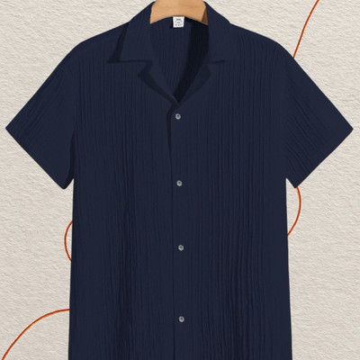 Looksky Men Striped, Self Design Casual Dark Blue Shirt