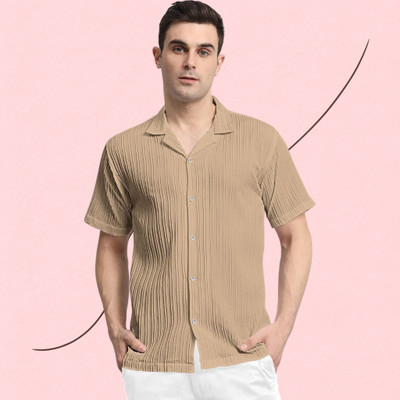 A COMBRAIDED Men Self Design Casual Cream Shirt