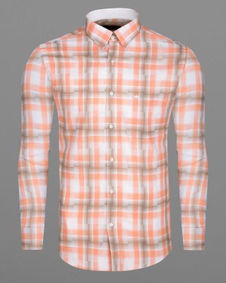 french crown Men Checkered Casual White, Orange Shirt