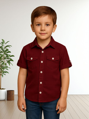 FASHION GRAB Boys Self Design Casual Maroon Shirt