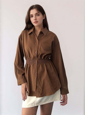 OUTZIDR Women Solid Casual Brown Shirt