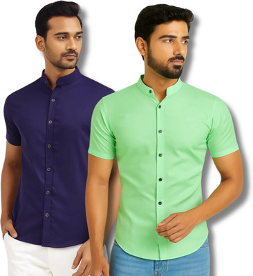 RANGFIT Men Solid Casual Dark Blue, Light Green Shirt(Pack of 2)