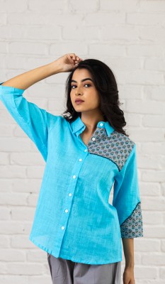 Hunar Women Printed Casual Blue Shirt