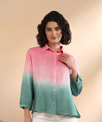 maaesa Women Printed Casual Pink, Green Shirt