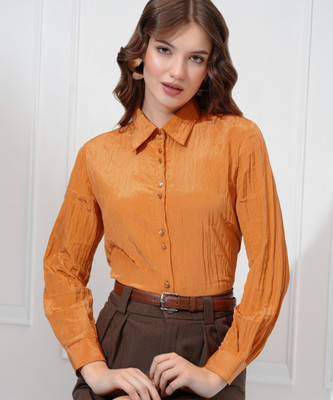 Tokyo Talkies Women Self Design Casual Orange Shirt