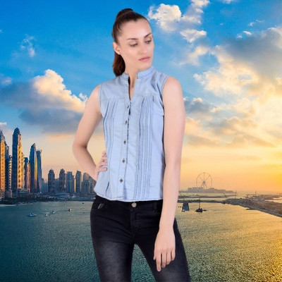 Wingzss Women Self Design Casual Blue Shirt